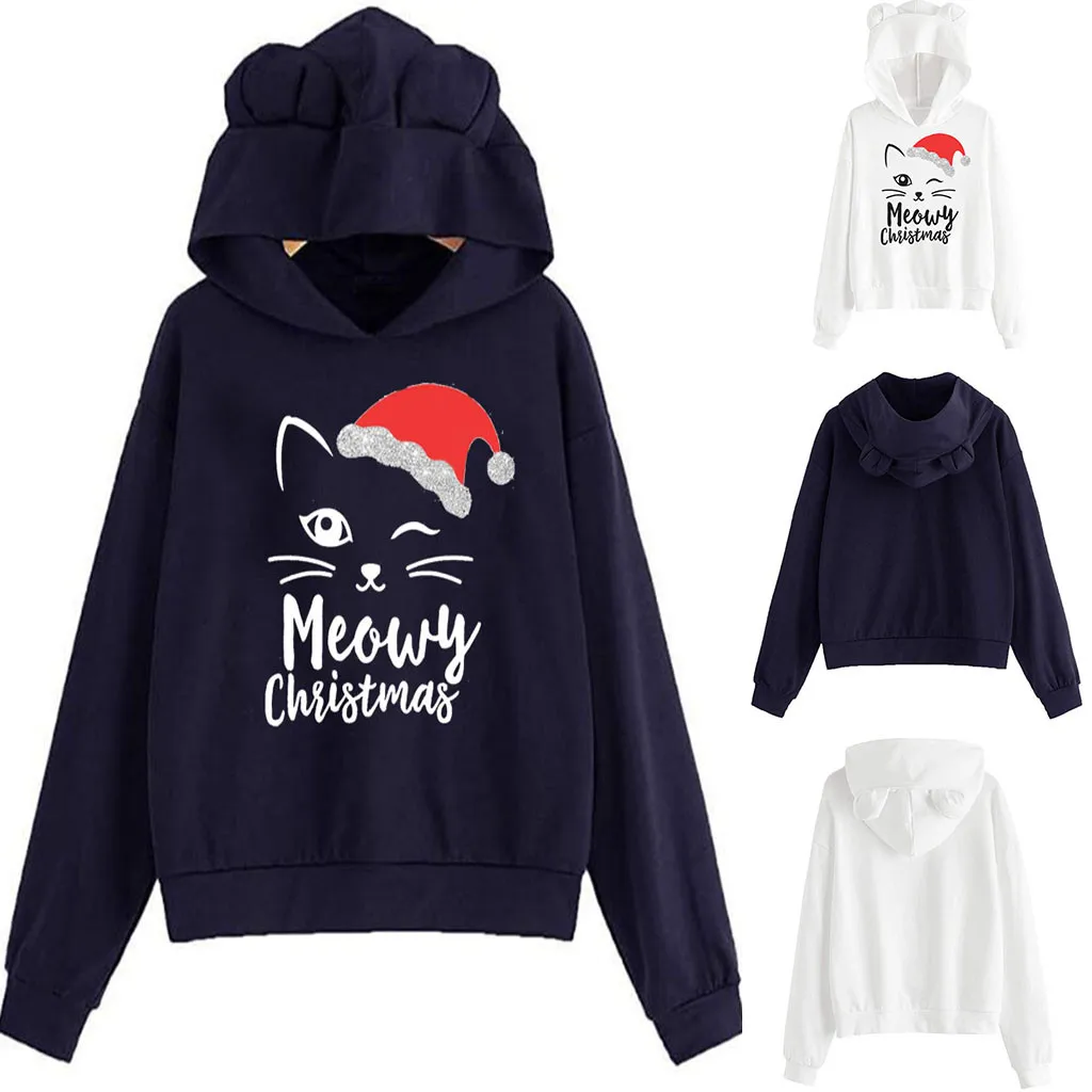 40 # осенние женские толстовки с капюшоном кошачьими ушками Рождественский принт