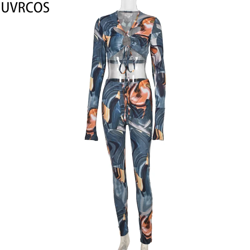

UVRCOS Women's Tracksuit Summer Long Sleeve Crop Top Slim Leggings Chest Bandage Hollow Out Casual Multi Printed Two Piece Set