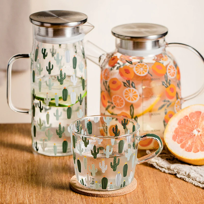 

BFE Nordic Large Capacity Glass Cold Water Kettle Household Drinkware 1.6L Teapot Hand Drawn Cactus 500ml Milk Teacup