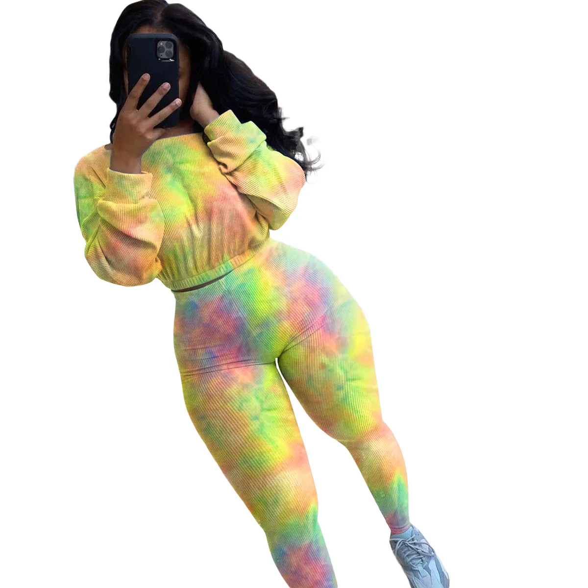 

Tie Dye Two Piece Set Women Bandage Stretch Sweatshirt Top and Pant Elegant Ladies Sweat suit Fashion 2 Piece set Streetwear