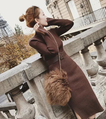 A-coffee Semfri платье Женский Длинный свитер платье зима фонарь рукав бодикон vestidos высокое качество o-образным вырезом пояс вязаные платья - Цвет: A-coffee