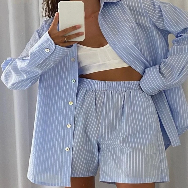 

2021 Loung Wear Tracksuit Women Shorts Set Stripe Long Sleeve Shirt Tops and Loose High Waisted Mini Shorts Two Piece Set