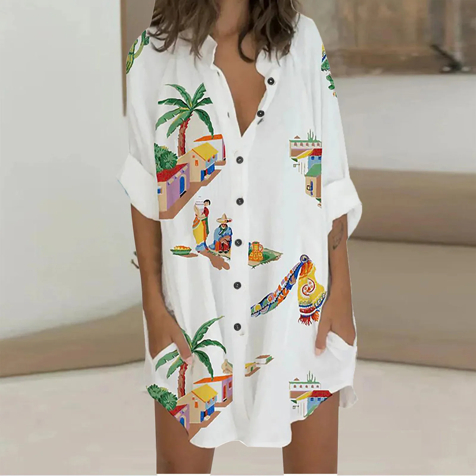 

Women's Shirt Dress Short Mini Dress Three-quarter Sleeves Solid Color Stitching Shirt Fashion Print Summer Comfortable Dress