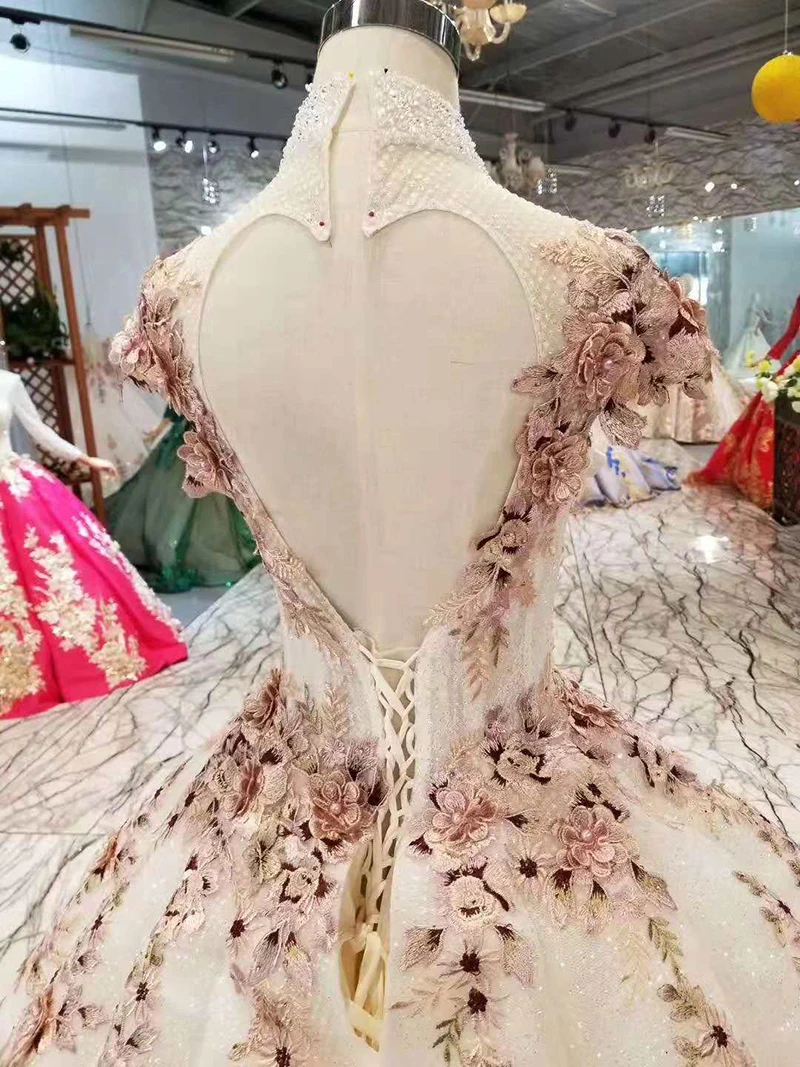 BGW 2276ht Flower Pleat Evening Dresses O-neck Long Sleeves Appliques Lace Up Back Floor Length Muslim Prom Dresses Swollen Gown