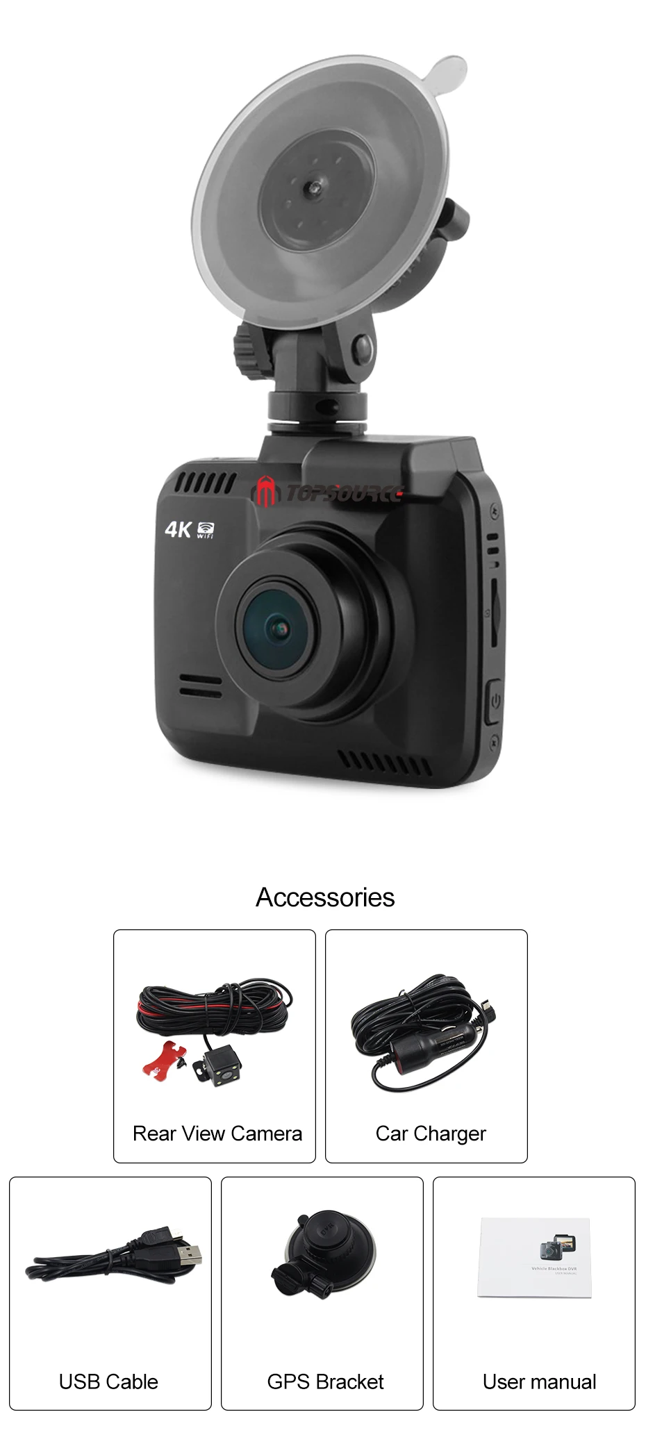TOPSOURCE Dash Cam WiFi DVR двойной объектив 4K Встроенный gps скорость координаты Автомобильная камера видеорегистратор ночного видения 24H Park