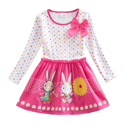 Платье с длинными рукавами для девочек; сезон весна-осень; vestidos Infantil; платье для девочек с вышитым кроликом; Детские платья для девочек; LH4829 - Цвет: LH4829 fushica