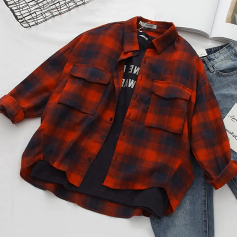 Женская клетчатая рубашка в Корейском стиле Харадзюку модная простая