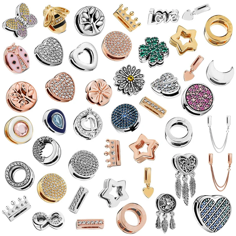 

2021 г., Pulsera Pandora Plata De Ley, 925 оригинальные бусины-зажимы «сделай сам», подвески, круглые хрустальные бусины в форме короны и сердца, женский брас...