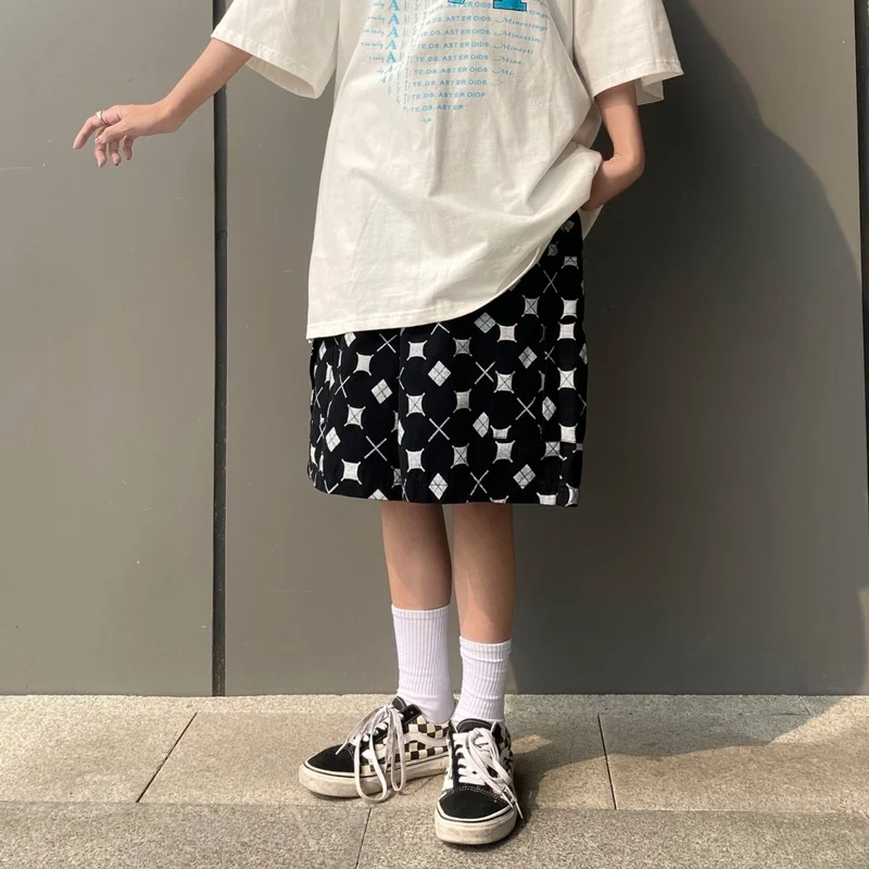 

Harajpoo Couple Shorts 2021 Summer New Korean Version Black Geometric Patterns Street Japanese Casual Wide-leg Five-point Pants