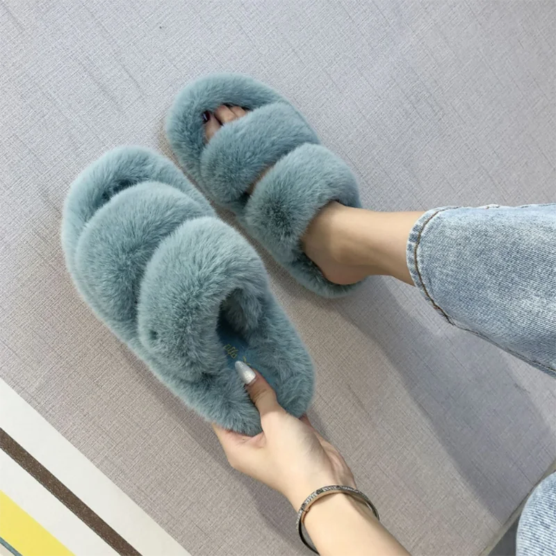 

2020 Fluffy Home Slippers Women Faux Fur Slippers Cozy Furry Slides Open Toe Slip on Soft Slippers House Floor Plush Warm Shoes