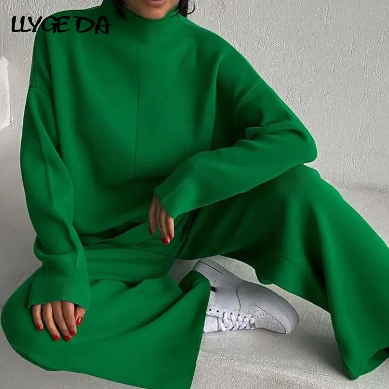 

Green Knitted Women's Suit Two Piece Set 2021 Winter Loose Long Sleeve Mock-neck Knitwear Flare Pant Sets Female Casual Suits