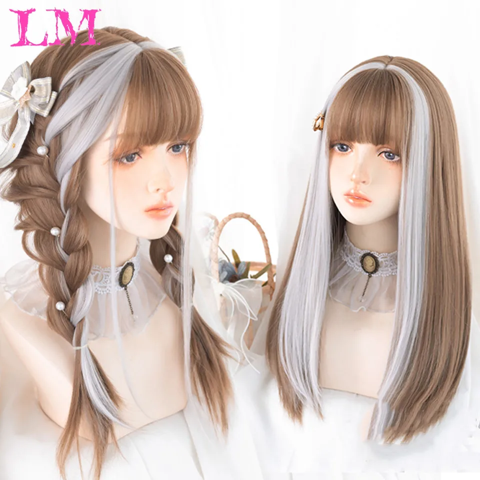 

LM Ombre Light Brown Gray Wig For Women With Fringe Fashion Heat Resistant Mid-Length Synthetic Wig With Bang