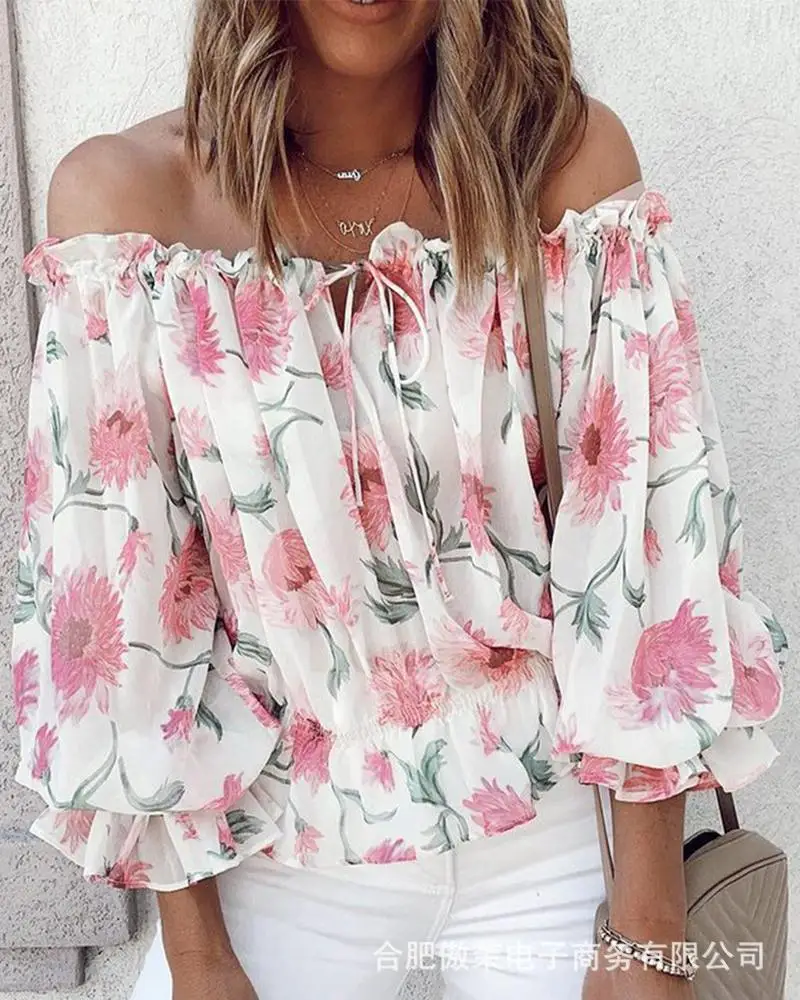

Girl Floral Print Sexy Off the Shoulder Blouse Woman 2021 Summer Oversize Loose Shirt Female Plus Size Elegant Tops