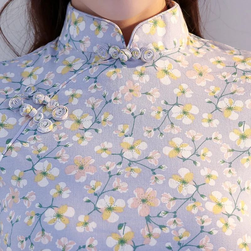 

Green Sweet Flower Print Top&Skirt 2PCS Suit Women Summer Vintage Chinese Cheongsam Dress Set Mandarin Collar Elegant Slim Qipao