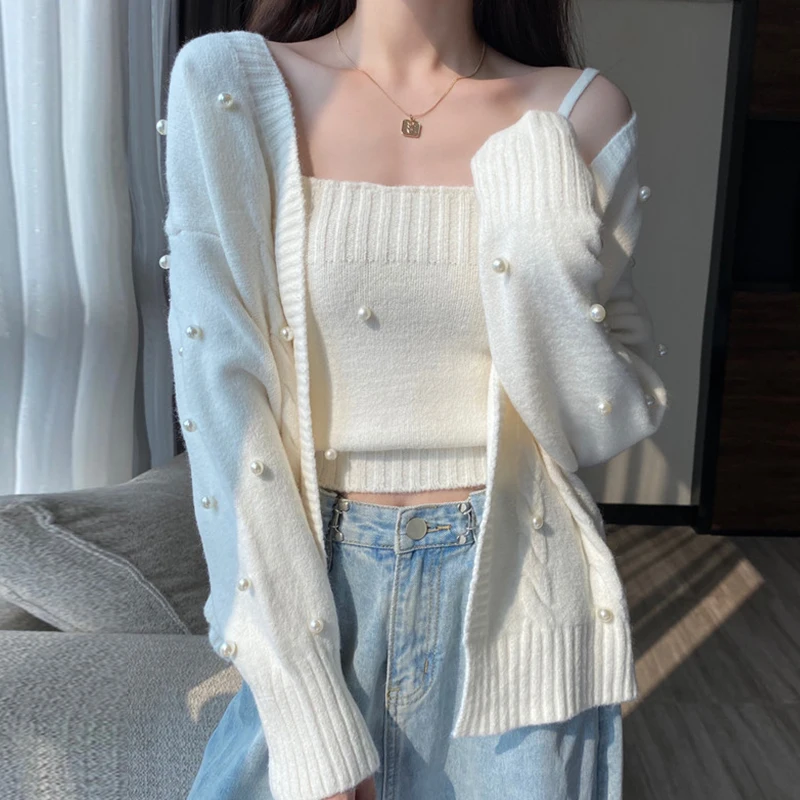 

Cardigans Women Fashion Beading Sweater 2020 New Autumn Winter Ladies Knit Loose Casual Joker Crop Top Korean Matching Chest