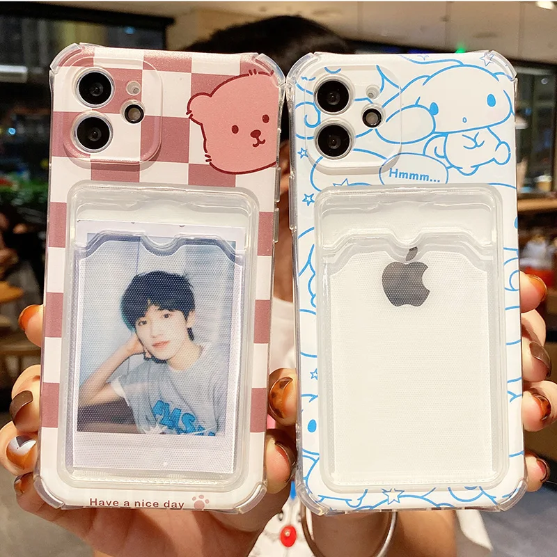 Cute Cherry Bear Card Bag Phone Case For iPhone 11 12 13 Pro XS Max X XR 6 6S 7 8 Plus SE Rabbit Clear Wallet Soft TPU Cover