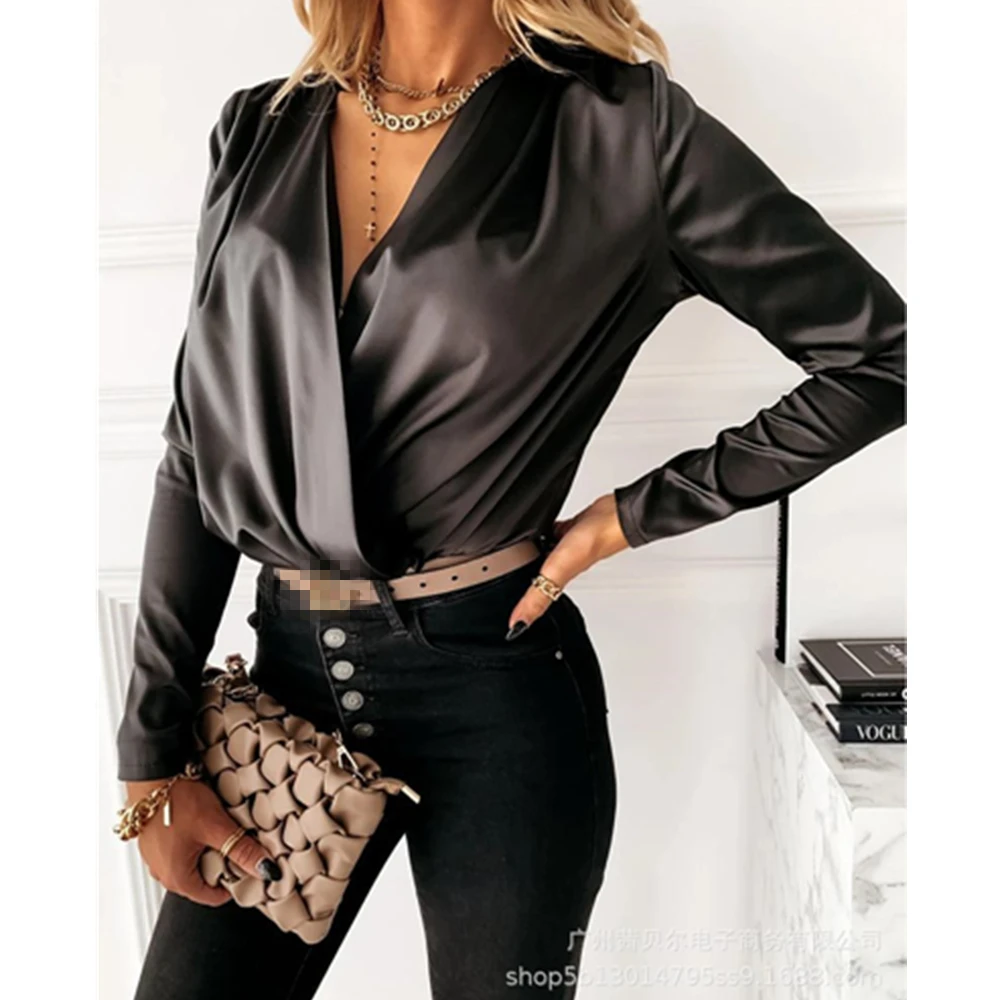 

Mandylandy Women's Fashion Solid Color V-neck Shirt Loose Chiffon Long Sleeves Casual Tops Blouses