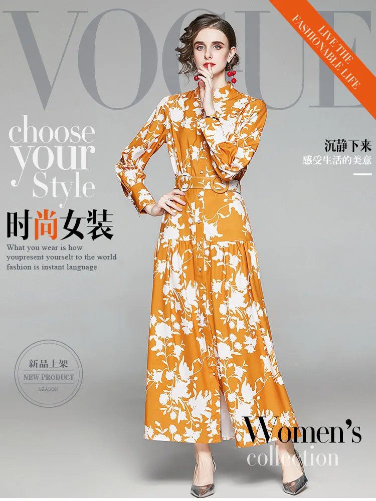 

New Summer women's retro waist abstract printing lantern long sleeve big swing dress