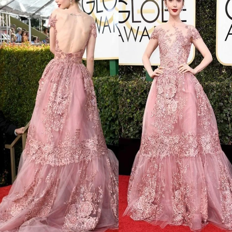 

2022 Celebrity Evening Dresses Sheer Backless Pink Lace Appliqued Red Carpet Gowns