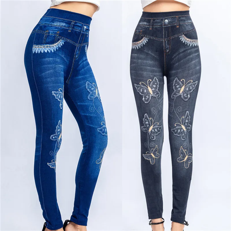 

2021 Women High Waist Fake Jeans Leggings Butterfly Print Ankle Length Pants Super Stretchy Skinny Imitation Jeans Leggings