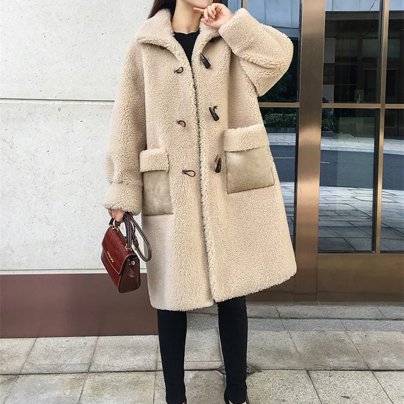 SY07 Fall winter women 30% real wool fur coat overcoat Horn buckle warm pocket sheep shearing girl fur coats lady long jacket