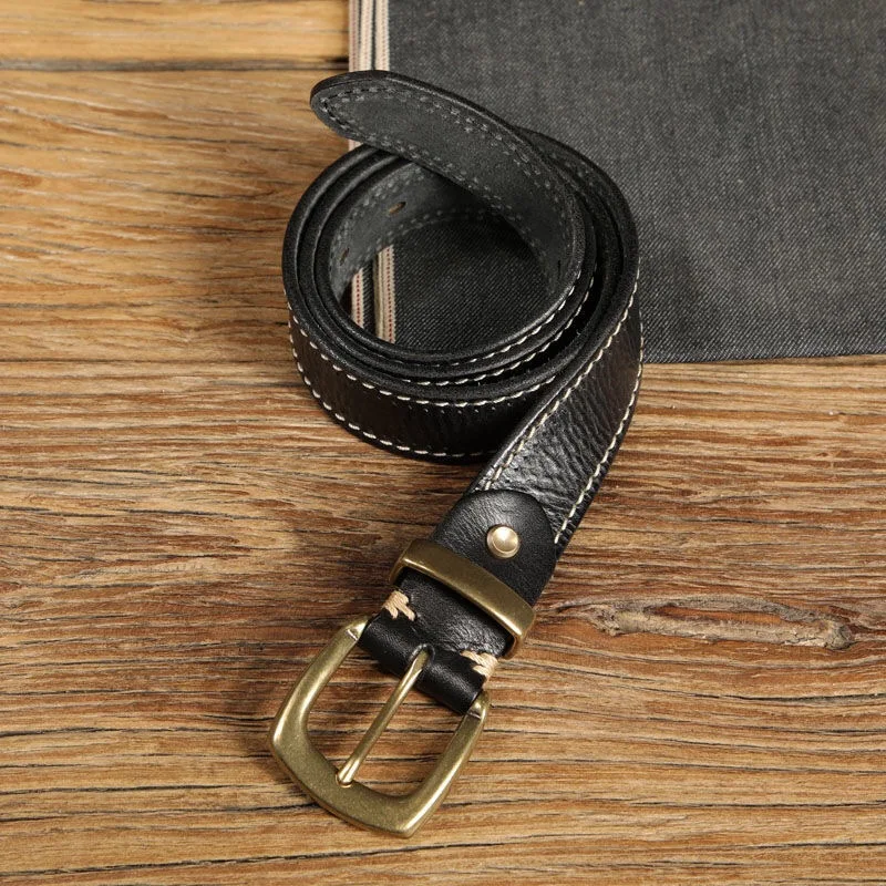 Premium Men's Full Grain Thick Cow Leather Belt Designer Quality Leather Vintage Luxury Leather Jeans Brass Buckle Belt