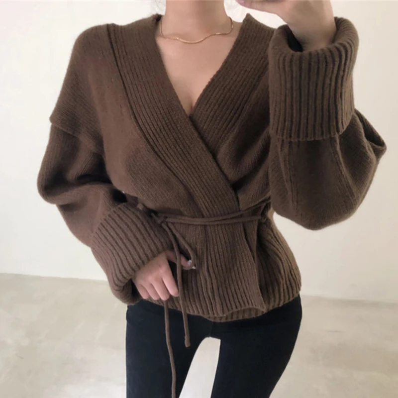 SHENGPALAE 2019 Autumn Winter Loose Chalaza Knitting Cardigan Women Long Sleeve V Collar Korean Fashion Sweater Woman FT032 |