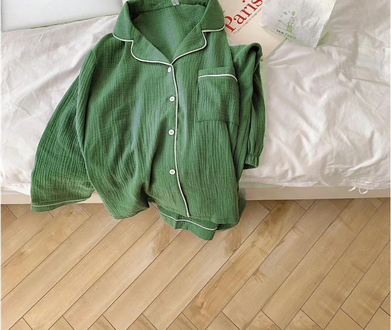 

2021 Nightwear Korean Style Pure Color Gauze Pajamas Women Spring Autumn Long-sleeved Cardigan Two Piece Set Summer Home Suit