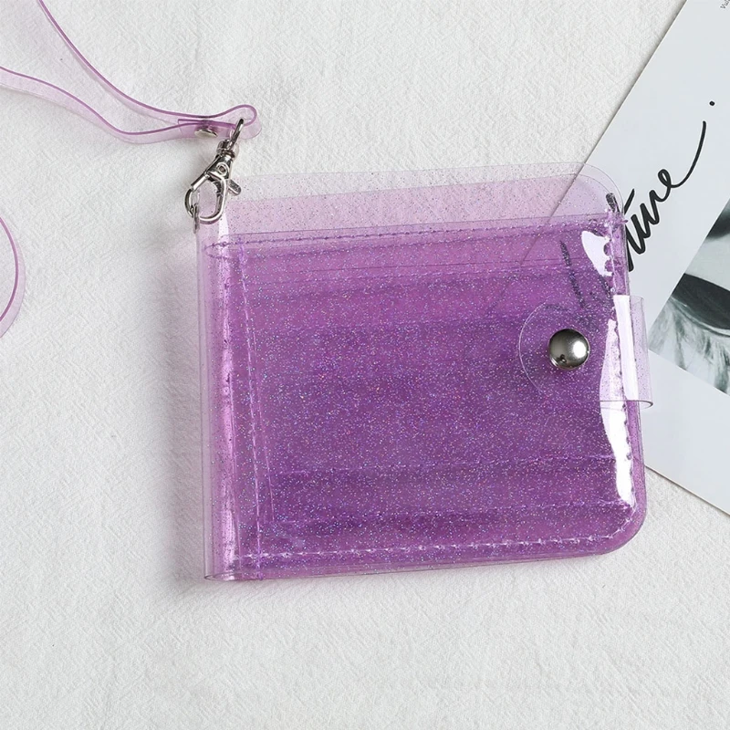 

Portable Women Clear Wallet Lanyard Cute Glitter Bifold Purse Card Holder Pouch Office Work