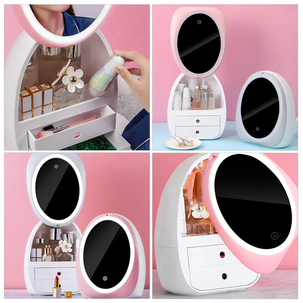 

1Pc Durable Makeup Storage Container Portable Cosmetic Box with Glass and Light (Pink)