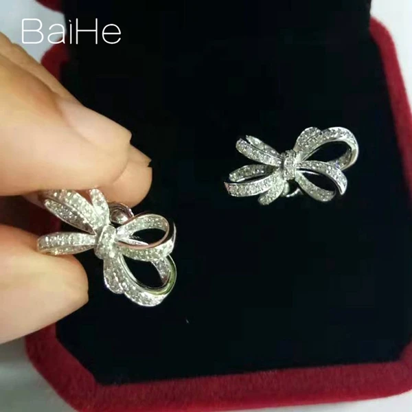 BAIHE Твердые 14 к желтое золото 0.32ct H/SI натуральные бриллианты свадебные женские модные ювелирные украшения красивый бант серьги-гвоздики с бриллиантами