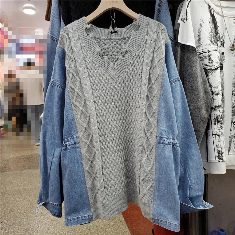 Женский джинсовый свитер с V-образным вырезом и длинным рукавом - купить по