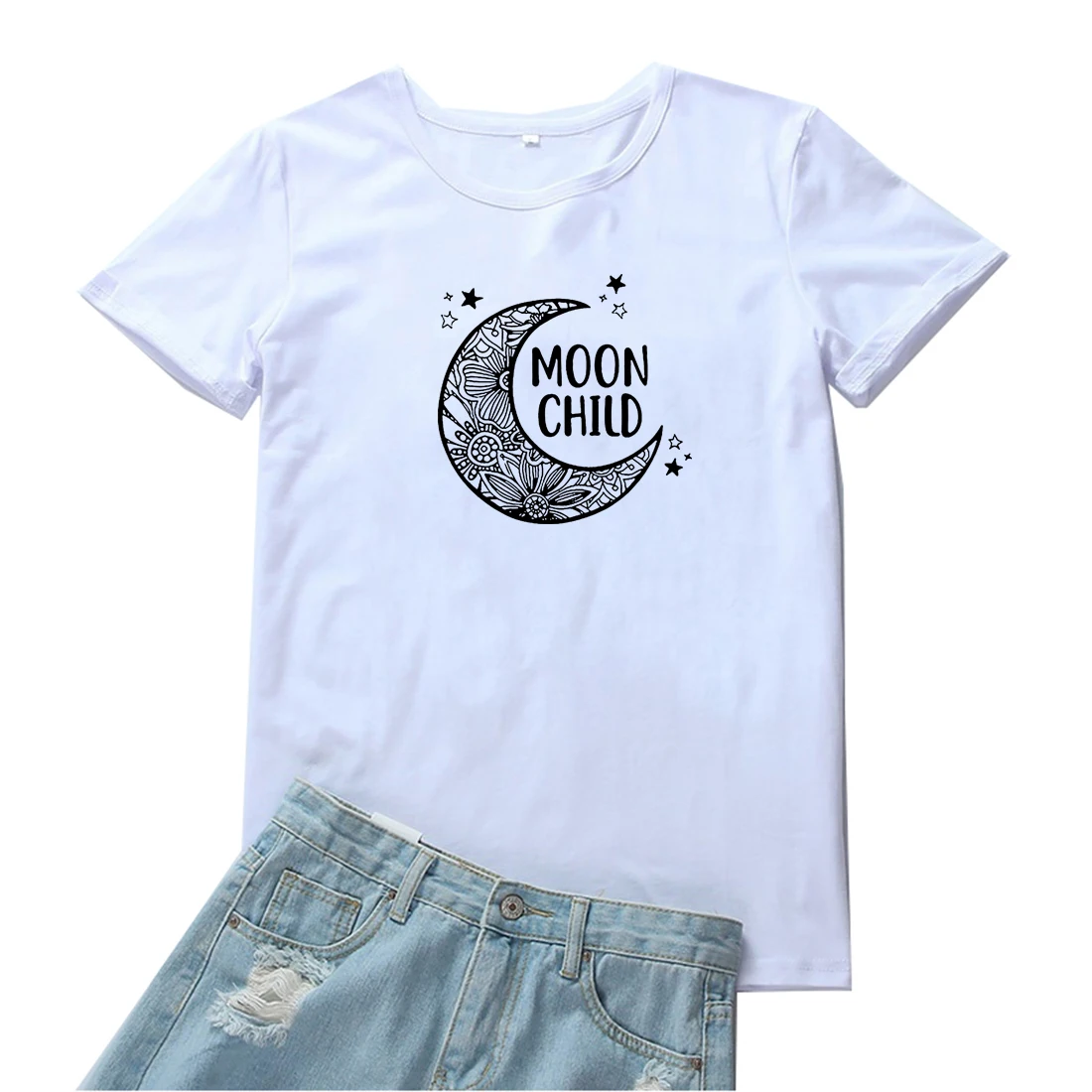 

Moon Child Футболка женская эстетическое Луна принтовые тройники, женские хлопок Harajuku футболка Femme в готическом стиле, уличная женская футболка ...
