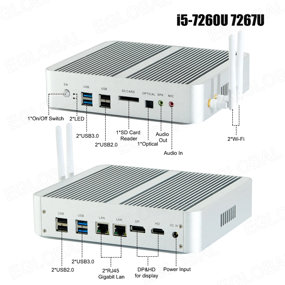 Процессор Eglobal fanless мини-ПК Intel Core 10510U 10710U i5 8265U мини-компьютер 2 * DDR4 M.2 + Msata 5 ''SATA