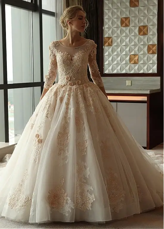 

Muslim Wedding Dresses Ball Gown Long Sleeves Appliques Beaded Vintage Dubai Arabic Wedding Gown Bridal Dress Vestido De Noiva