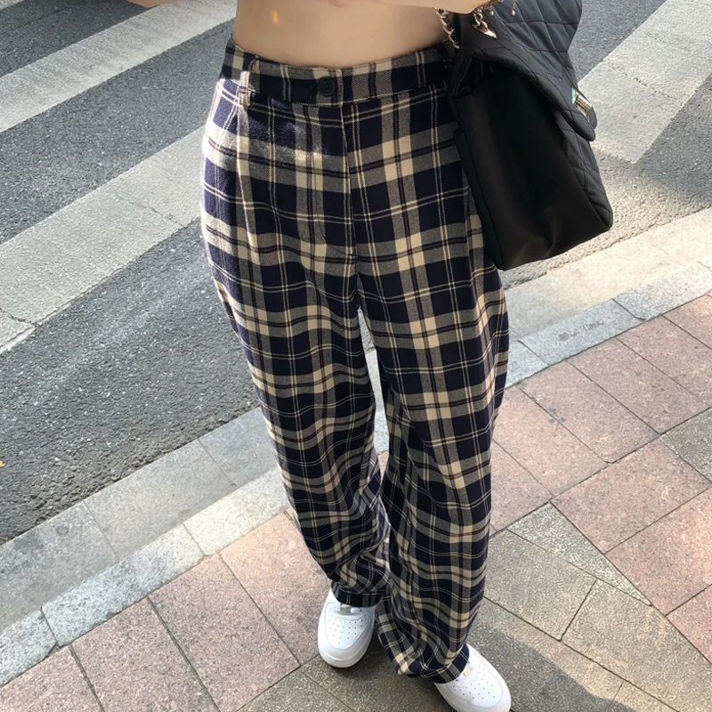 

FINEWORDS 2021 Casual Korean Black Plaid Women Pants Streetwear Vintage Wide Leg Pants Full Length High Waist Steampunk Trousers