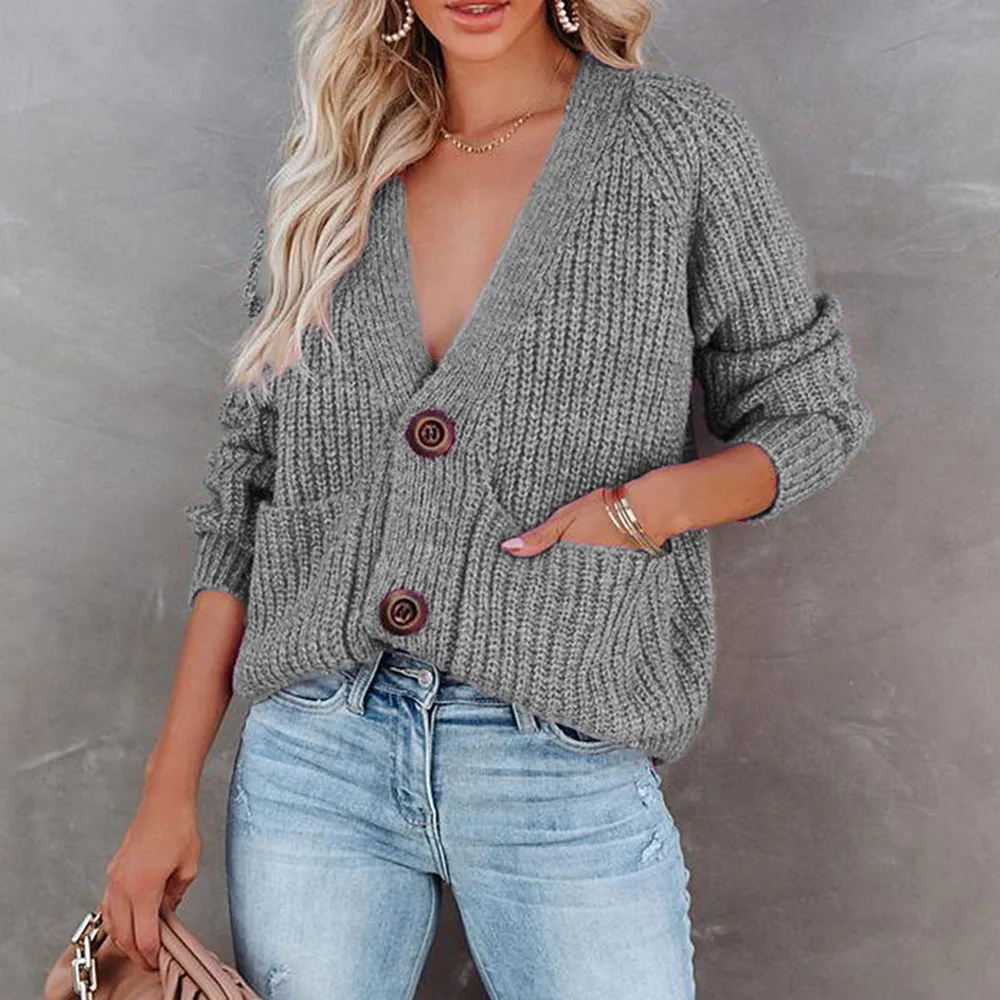

2021 Autumn Winter New Sweater Solid Color Womens Western Style Single Breasted V-neck Long Sleeve Loose Casual Knitting Women
