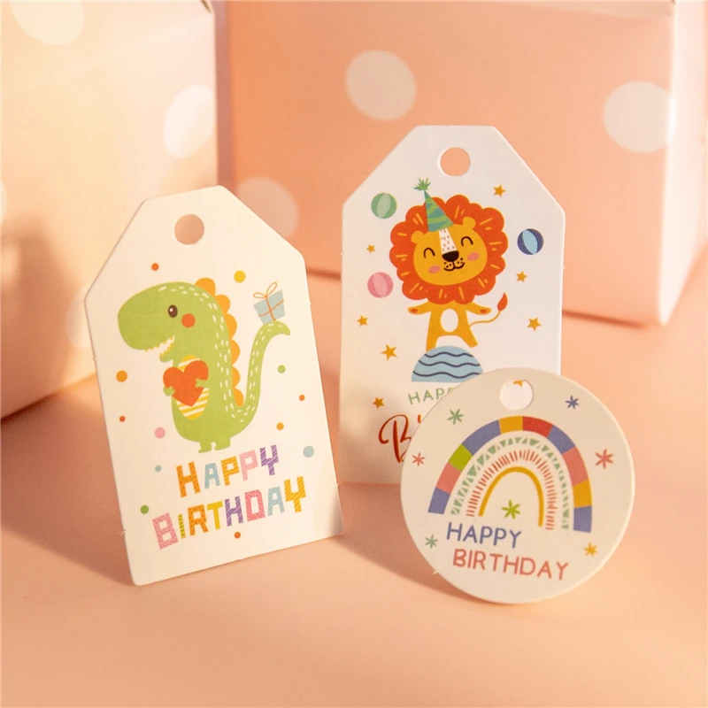 50Sets Happy Birthday Gift Tags Lovely Lion Dino Bird Giraff
