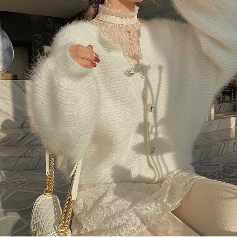 

New 2021 Korean Style Fashion White Cardigans Sweaters Ladies Vogue Autumn Knitted Fluffy Cardigan Women Sweater Knitwear Tops