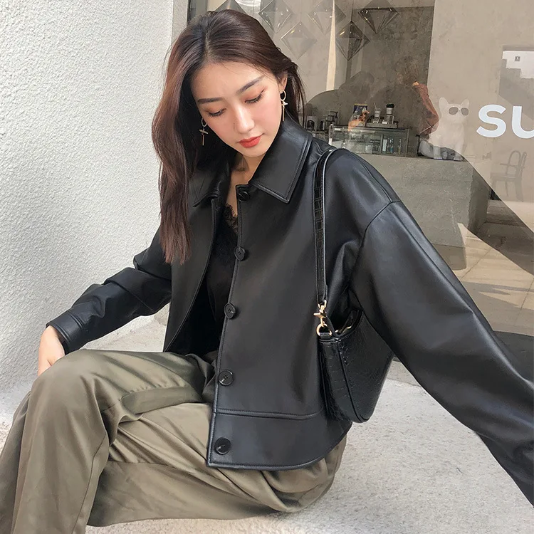 Abrigo de piel de oveja auténtica para mujer, chaqueta informal holgada de color negro, gabardina para primavera y otoño