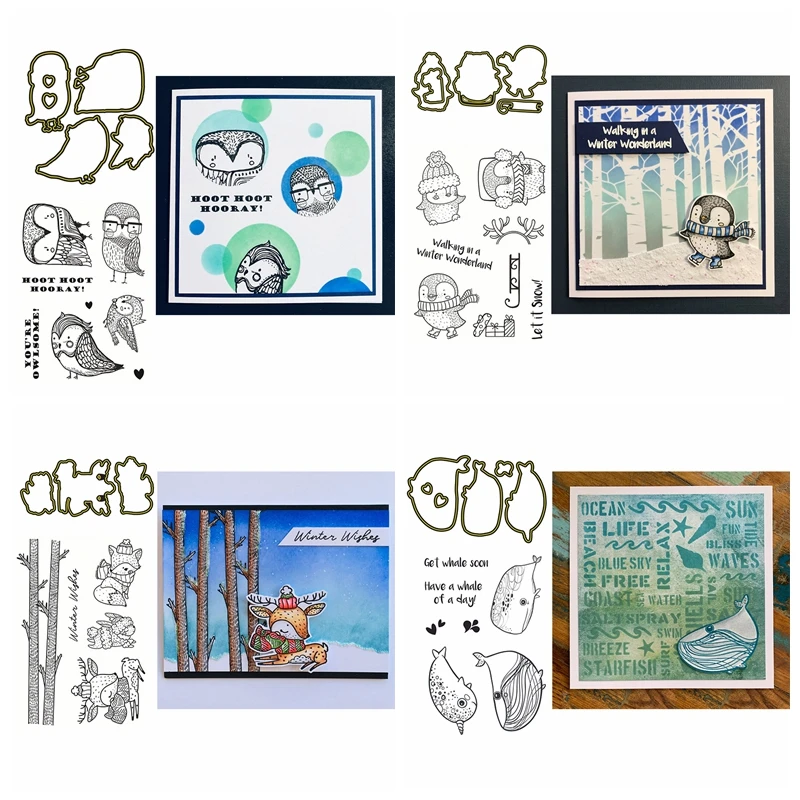 

Metal Cutting Dies With Clear Stamps Set Birds Penguin Puffer Fish Fox Elk Animals Sled Gift Mixed Style DIY Craft Cards 2021