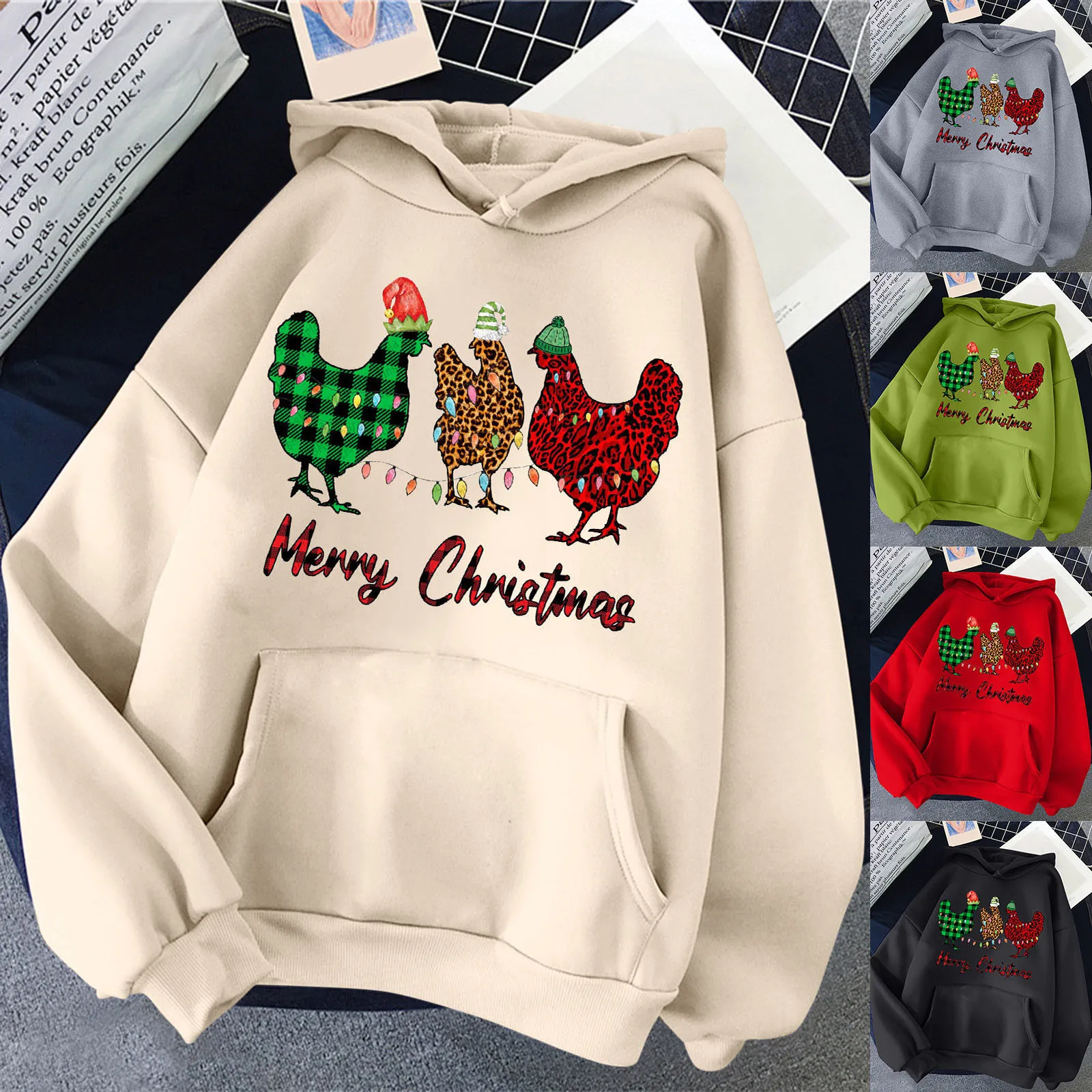 

Women Pocket O-Neck Christmas Hoodie Print Long Sleeve Sweatshirt Top Blouse