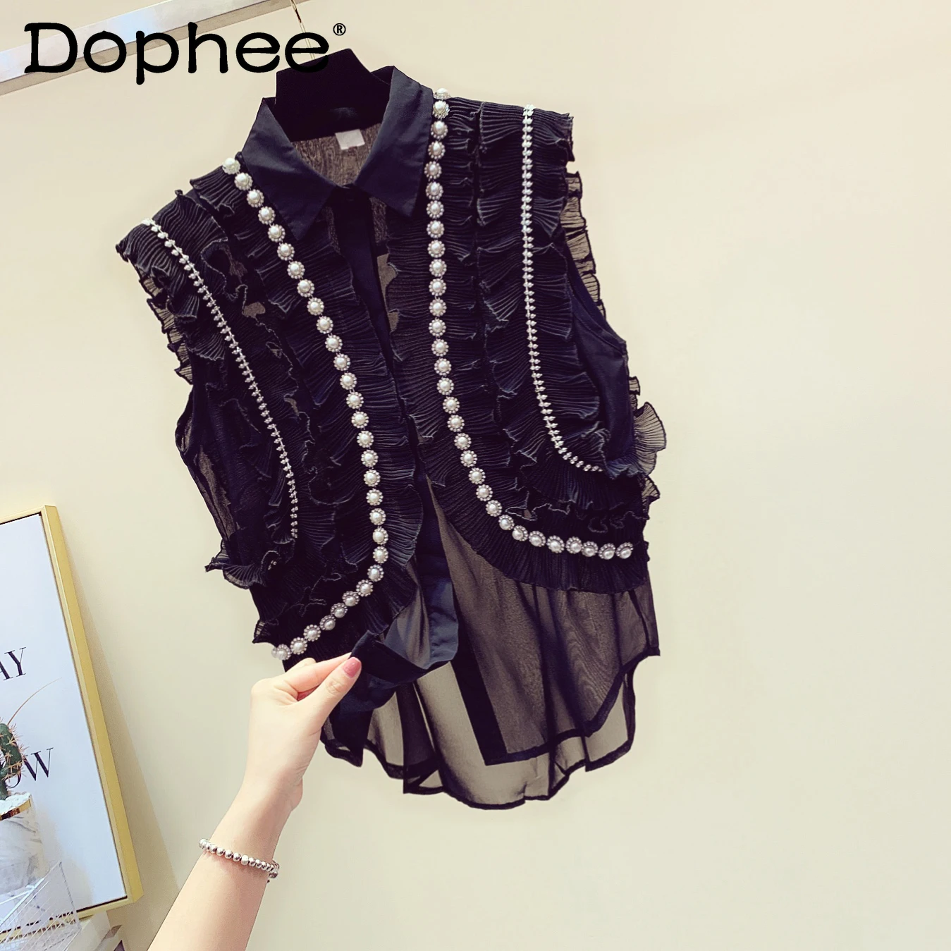 

Ruffles Beads Rhinestones Chic Chiffon Blouse Women 2021 Summer Korean Loose Retro Sleeveless Shirt Female Tops Camisas Mujer