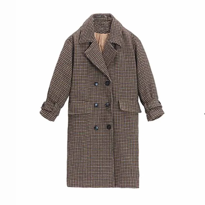 

Plaid Woolen Coat Girls Long Paragraph Korean Loose Ladies Winter Coat Female Cashmere Knee