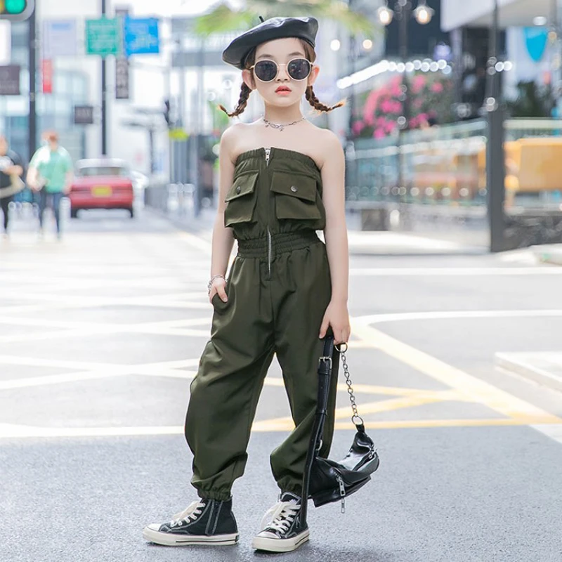 

Kid Girls New Jumpsuit Summer Girls Sleeveless Overalls Playsuit Children Birthday Party Clothes Green zipper design 3-8Years