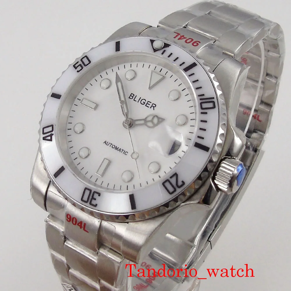 

Bliger NH35 MIYOTA 8215 40mm White Dial Sapphire Glass Luminous Date Movement Oyster Bracelet Ceramic Bezel