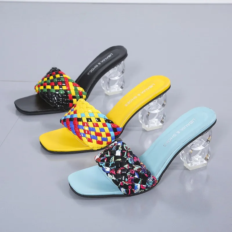 

2022 Summer New Women's Woven Slippers High Quality Square Toe Casual Sandals Female Mules Sexy Party Heel Ytmtloy Indoor