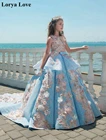 Бальное Платье синее Платья с цветочным узором для девочек на свадьбу 2020, платье без рукавов с бантом и оборками для первого причастия нарядные платья принцессы