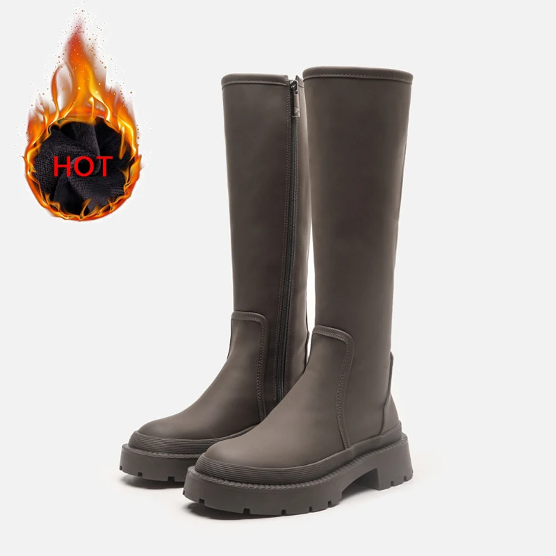 Женские высокие сапоги без застежки ZA теплые плюшевые до колена на массивном