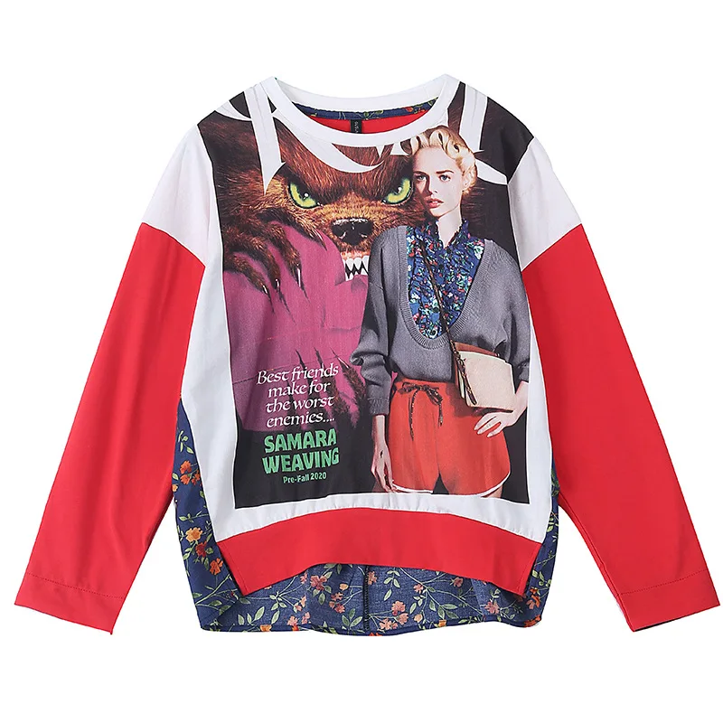 

New Spring 2021 Newest Tops Color Matching Sweatshirt Loose Casual Printed Tees For Women Batwing Sleeves Pullovers Yalabovso